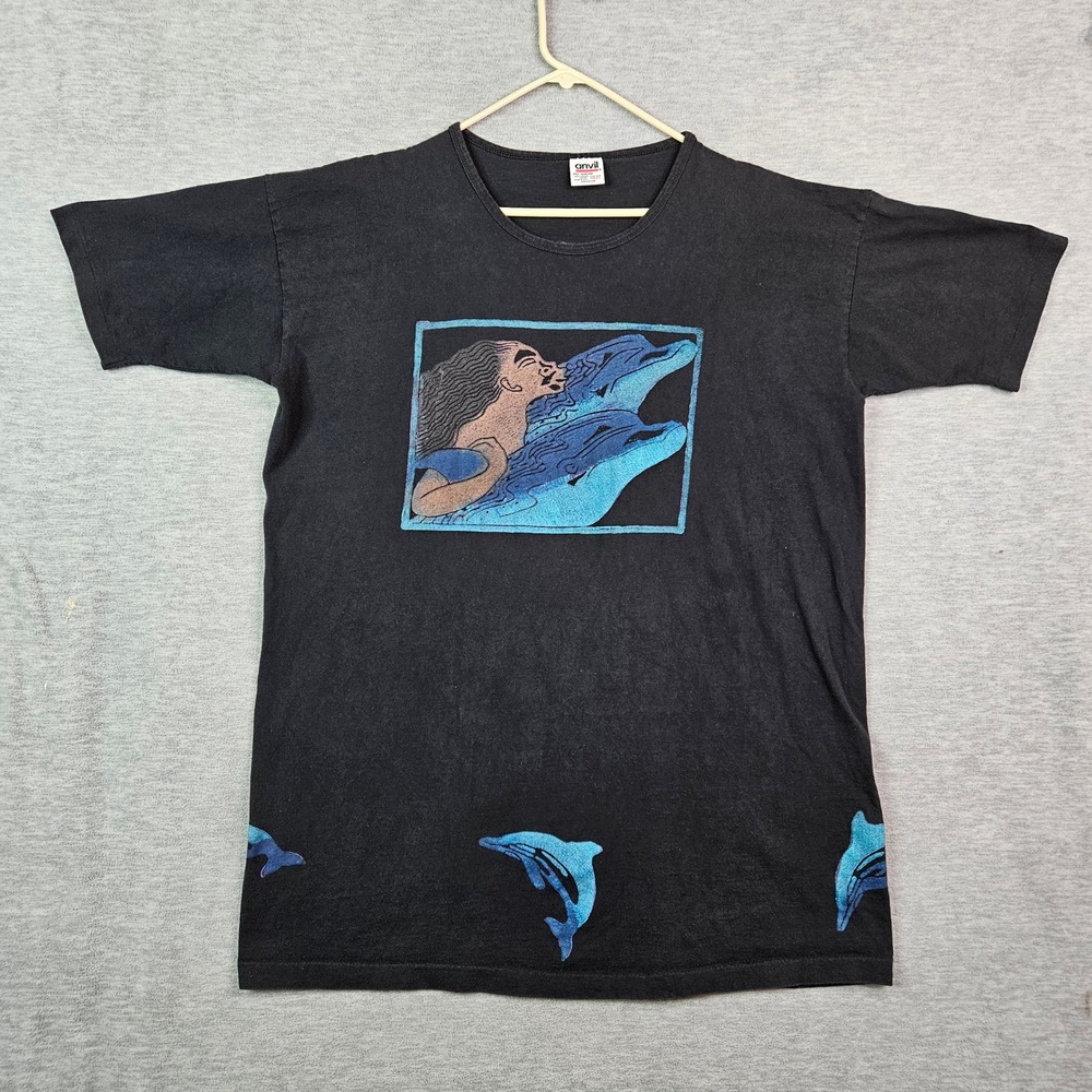 Vintage Anvil Dolphin Wraparound Graphic T-Shirt Black Single Stitch One Size